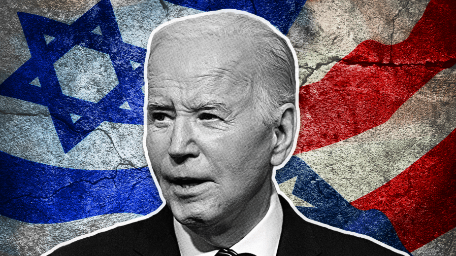 A cutout of President Biden is superimposed over images of the Israeli and American flags.