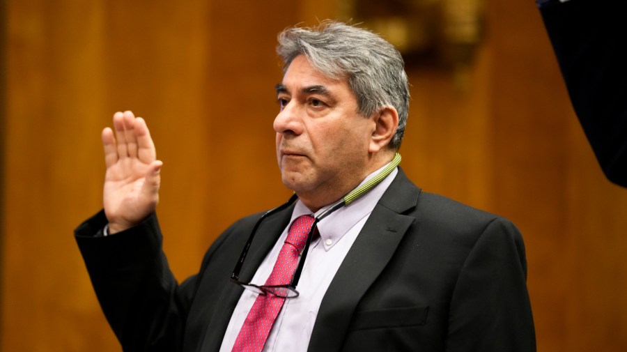 Boeing quality engineer Sam Salehpour is sworn in before a Senate hearing.