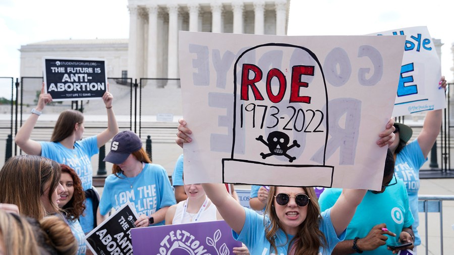 Demonstrators hold up signs in a protest about abortion outside the Supreme Court.