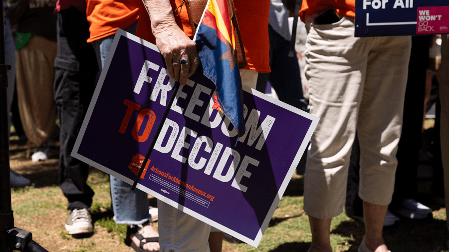 Members of Arizona for Abortion Access hold a press conference and protest on April 17, 2024, in Phoenix. The Biden administration on Wednesday will head to the Supreme Court to defend one of its primary efforts to protect abortion rights after the fall of Roe v. Wade.