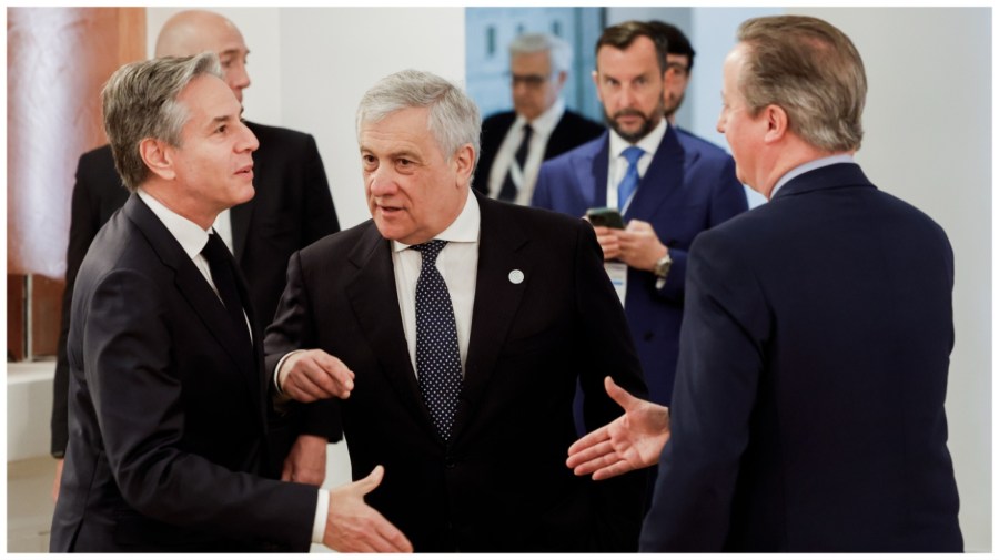 From left, U.S. Secretary of State Antony Blinken, Italian Foreign Minister Antonio Tajani and British Foreign Secretary David Cameron attend a meeting on the second day of a G7 foreign ministers meeting on Capri island, Italy, Thursday April 18, 2024. (Remo Casilli/Pool via AP)