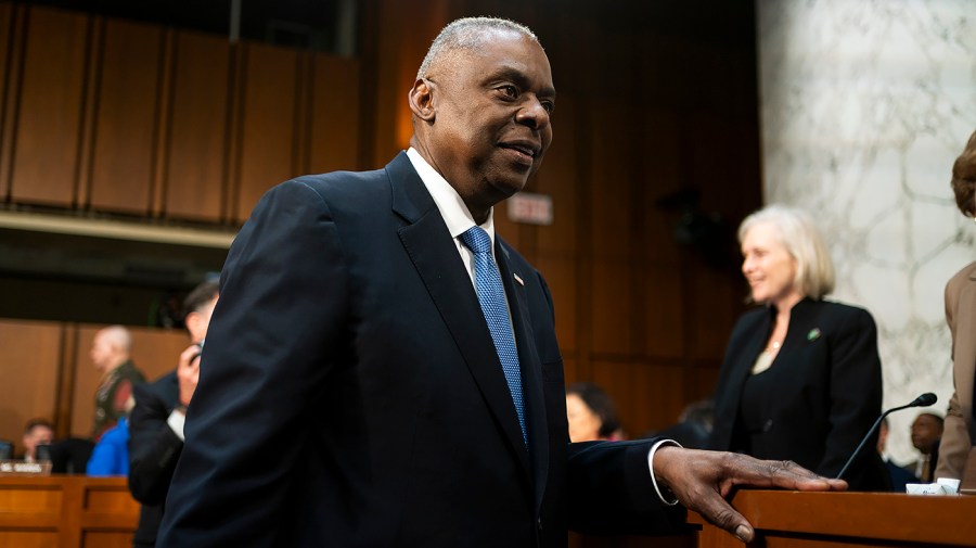 Secretary of Defense Lloyd Austin is seen at a congressional hearing.