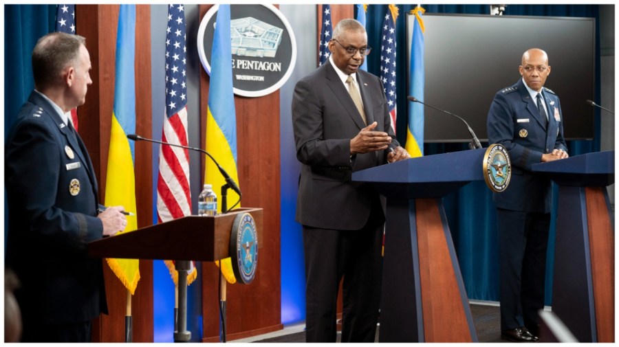 Defense Secretary Lloyd Austin speaks at a press briefing with Chair of the Joint Chiefs of Staff Gen. CQ Brown Jr. and Pentagon press secretary Maj. Gen. Pat Ryder.