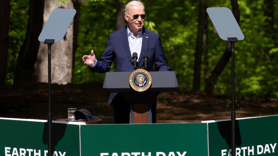 President Joe Biden speaks at Prince William Forest Park on Earth Day Monday, April 22, 2024, in Triangle, Va.