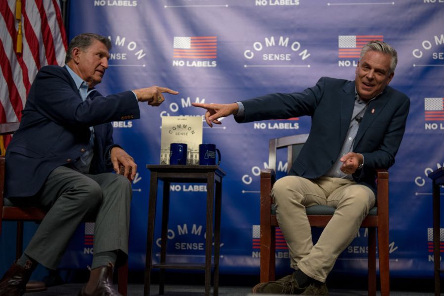 Joe Manchin III sits with Jon Huntsman at the 'Common Sense' Town Hall, sponsored by No Labels