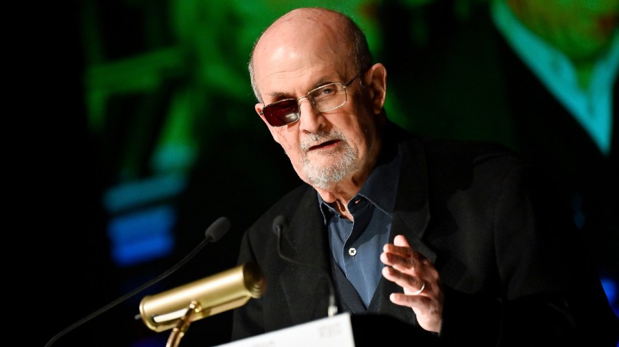 Author Salman Rushdie receives the Vaclav Havel Library Foundation's first ever lifetime achievement disturbing the peace award at the Vaclav Havel Center on Tuesday, Nov. 14, 2023, in New York. (Photo by Evan Agostini/Invision/AP)