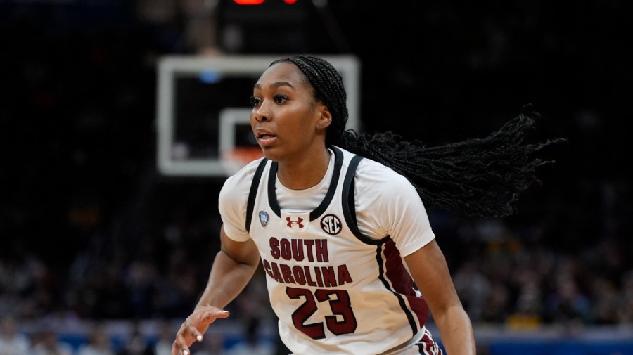 South Carolina's Bree Hall during the first half of the NCAA Women's Final Four semifinals basketball game against the North Carolina State Friday, April 5, 2024, in Cleveland. (AP Photo/Morry Gash)