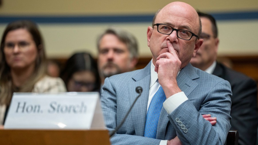 Department of Defense Inspector General Robert Storch listens during a hearing of the House Oversight and Accountability Committee concerning the U.S. withdrawal from Afghanistan, on Capitol Hill, Wednesday, April 19, 2023, in Washington.