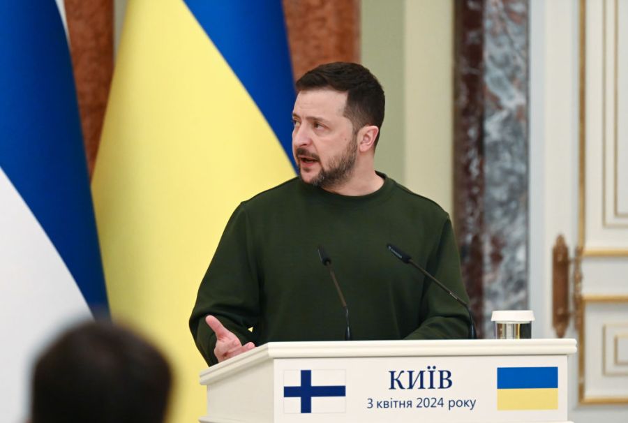 Volodymyr Zelensky speaks during a media briefing.