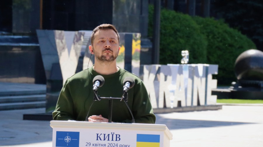 President Volodymyr Zelenskyi speaks during press conference with Secretary general of NATO Jens Stoltenberg on April 29, 2024 in Kyiv, Ukraine.