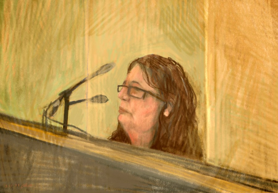 In this courtroom sketch, Erin Patterson appears in Latrobe Valley Magistrates Court, Victoria, Nov. 3, 2023. Patterson, accused of serving her ex-husband's parents and an aunt poisonous mushrooms with lunch, has pleaded not guilty in an Australian court, Tuesday, May 7, 2024, on three counts of murder and five of attempted murder. (Anita Lester/AAP Image via AP)