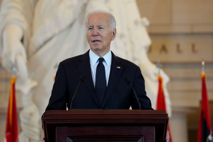 President Joe Biden speaks at the U.S. Holocaust Memorial Museum's Annual Days of Remembrance ceremony at the U.S. Capitol, Tuesday, May 7, 2024 in Washington. (AP Photo/Evan Vucci)