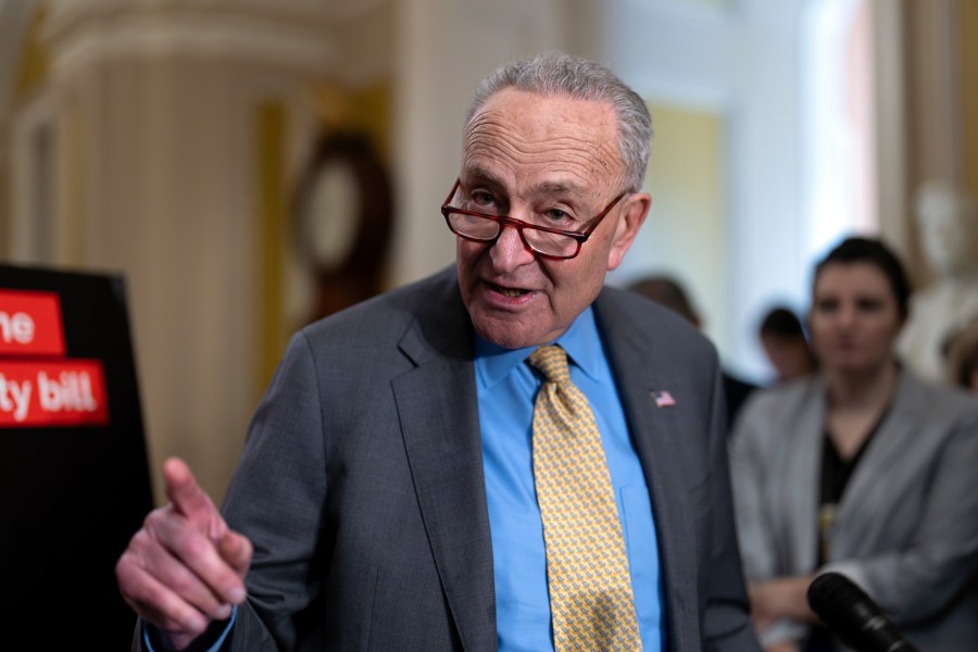 Senate Majority Leader Chuck Schumer, D-N.Y., speaks to reporters following Democratic strategy session, at the Capitol in Washington, Wednesday, May 8, 2024. (AP Photo/J. Scott Applewhite)