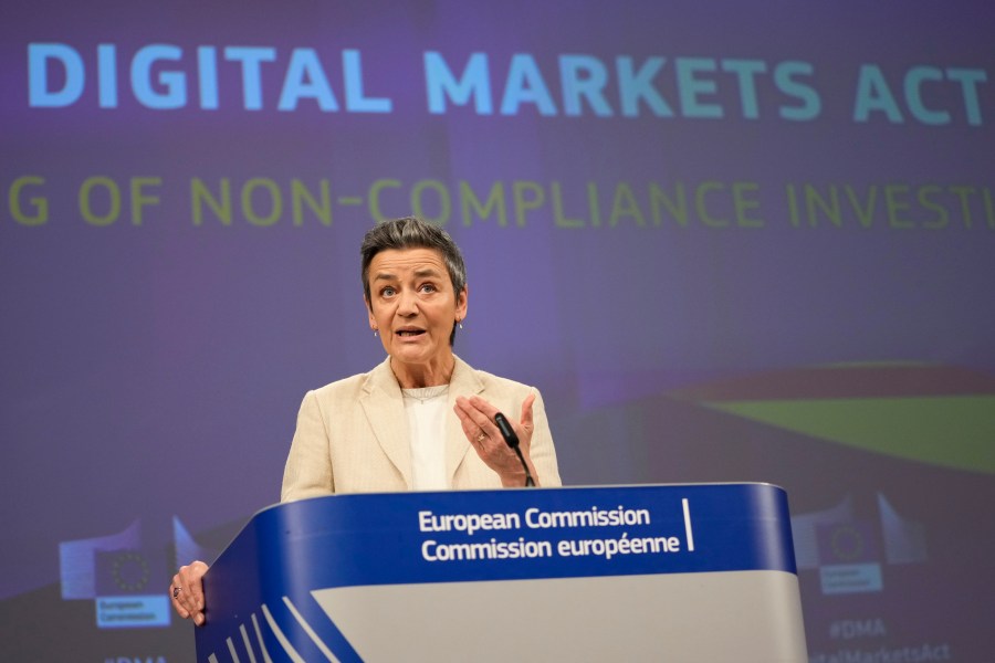 FILE - European Commissioner for Europe fit for the Digital Age Margrethe Vestager speaks during a media conference regarding the Digital Markets Act at EU headquarters in Brussels, Monday, March 25, 2024. The European Commission, the EU's executive branch, said on Monday, May 13, 2024, Booking.com meets the threshold to be classed as a “core platform service” under the 27-nation bloc's Digital Markets Act. The sweeping set of rules is designed to prevent Big Tech platforms from dominating online markets. (AP Photo/Virginia Mayo, File)