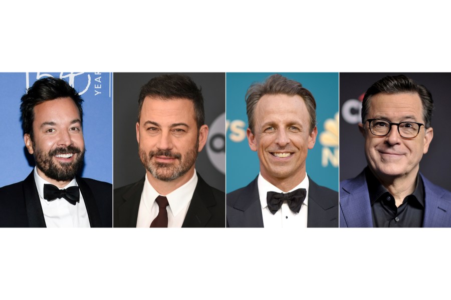 This combination of images shows, from left, Jimmy Fallon, Jimmy Jimmy Kimmel, Seth Meyers, and Stephen Colbert. LateNighter, a website and newsletter that follows late-night television comedy, began in February. (AP Photo)