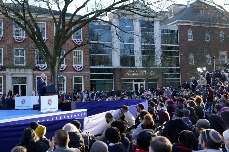 FILE - President Joe Biden speaks in support of changing the Senate filibuster rules that have stalled voting rights legislation, at Atlanta University Center Consortium, on the grounds of Morehouse College and Clark Atlanta University, Jan. 11, 2022, in Atlanta. Biden will have his most direct engagement with college students since the start of the Israel-Hamas war when he speaks at Morehouse College's commencement. (AP Photo/Patrick Semansky, File)