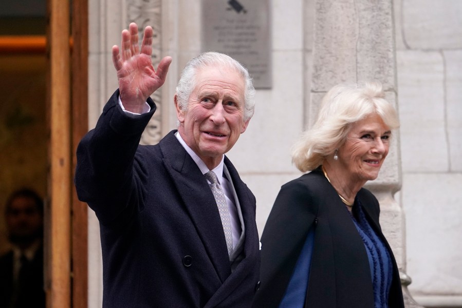 FILE - Britain's King Charles III and Queen Camilla leave The London Clinic in central London, Monday, Jan. 29, 2024. King Charles III plans to travel to France next month for British ceremonies marking the 80th anniversary of the D-Day landings, while skipping the larger international event a few miles away as he continues to be treated for cancer. (AP Photo/Alberto Pezzali, File)