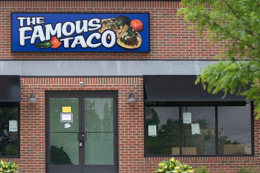 Signage hangs at Famous Taco's new location in Evansville, In., Friday, May 17, 2024. An Indiana judge who declared that “tacos and burritos are Mexican-style sandwiches” has cleared the way for the opening of the restaurant's second location in Fort Wayne, delighting a restauranteur following a legal battle. (Stan Sussina/The Journal-Gazette via AP)