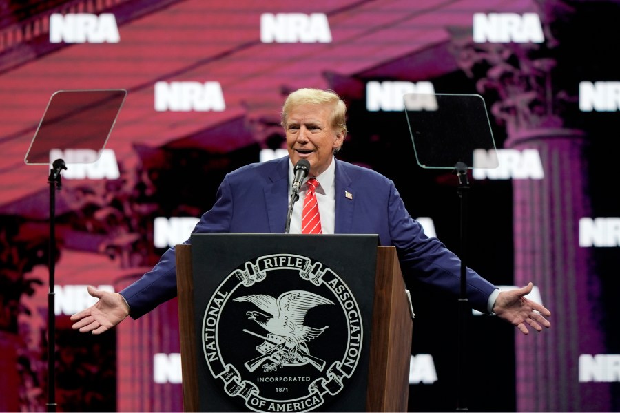 Former President Donald Trump speaks during the National Rifle Association Convention, Saturday, May 18, 2024, in Dallas. (AP Photo/LM Otero)