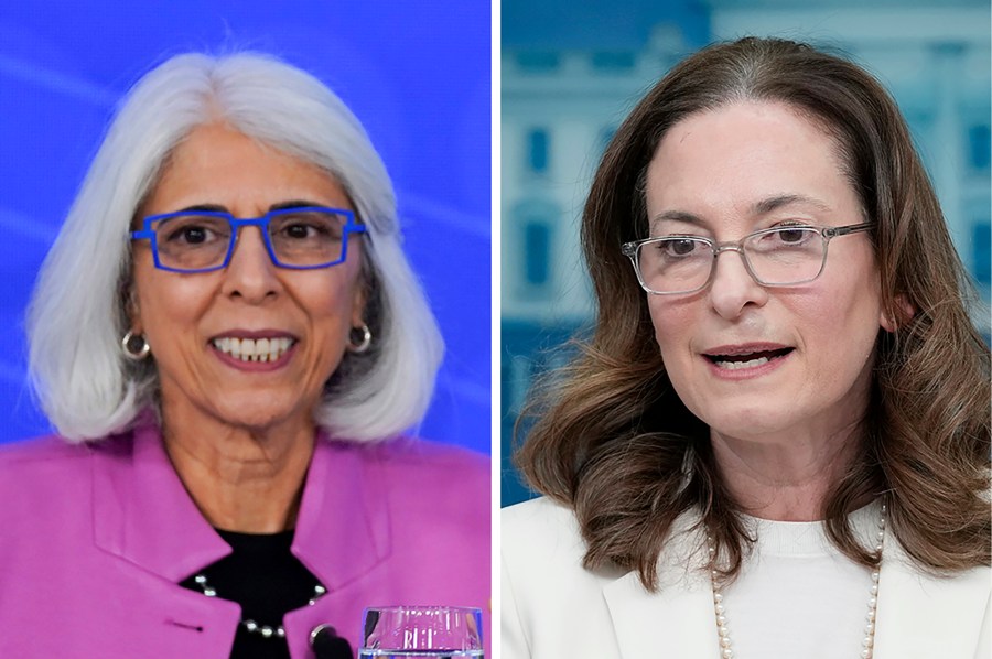 Arati Prabhakar, left photo, Director of the White House Office of Science and Technology Policy, and Jennifer Klein, Director of the White House Gender Policy Council, are shown in 2023 file photos. Klein and Prabhakar are co-authors of a Thursday announcement calling on the tech industry and financial institutions to commit to new measures to curb the creation of AI-generated nonconsensual sexual imagery. (AP Photo, file)