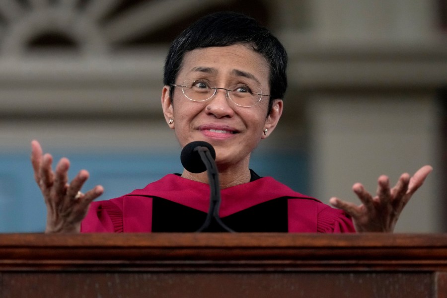 Keynote speaker Maria Ressa, a journalist and advocate for freedom of the press, addresses graduates in Harvard Yard during commencement at Harvard University, Thursday, May 23, 2024, in Cambridge, Mass. (AP Photo/Charles Krupa)