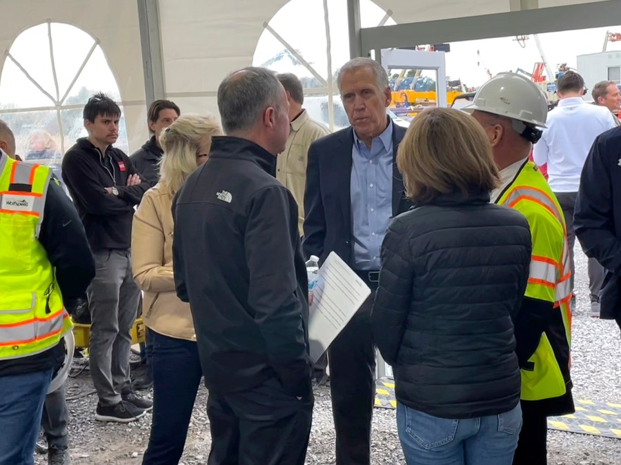 Sen. Thom Tillis, R-N.C., speaks after a topping-off ceremony at the newly built Wolfspeed factory in Siler City, N.C., on March 26, 2024. The new factory will soon produce advanced wafers for computer chips. Automaker Vinfast is scheduled to open a factory next year. Both projects stem in large part from incentives that Biden signed into law. Biden has campaigned on how his policies helped pump hundreds of billions of dollars in private and federal investment into companies. But so far, the investments haven’t significantly swayed a public concerned about inflation. (AP Photo/Josh Boak)