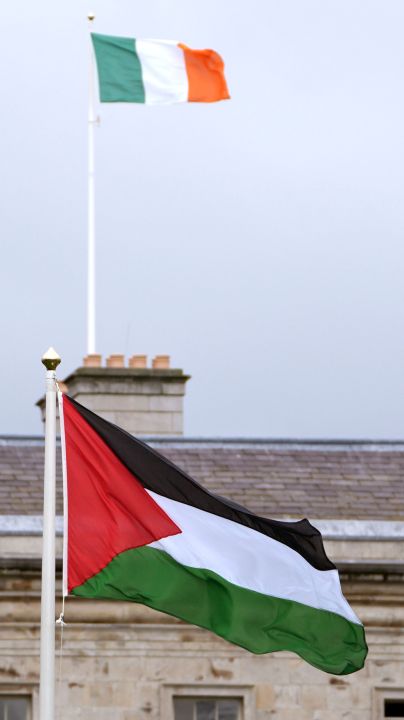 The Palestinian flag flies outside Leinster House, Dublin, following the decision by the Government to formally recognise the Palestinian state, Tuesday May 28, 2024. (Niall Carson/PA via AP)