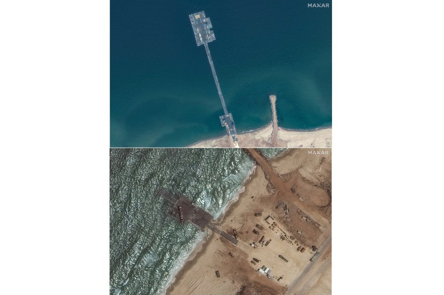 These images released by Maxar Technologies show the newly completed pier in the Gaza Strip on May 18, 2024, top, and the remaining section of the temporary pier on May 29, 2024. A string of security, logistical and weather problems have battered the plan to deliver desperately needed humanitarian aid to Gaza through a U.S. military-built pier. Broken apart by strong winds and heavy seas just over a week after it became operational, the project faces criticism that it hasn’t lived up to its initial billing or its $320 million price tag. (Satellite images ©2024 Maxar Technologies via AP)