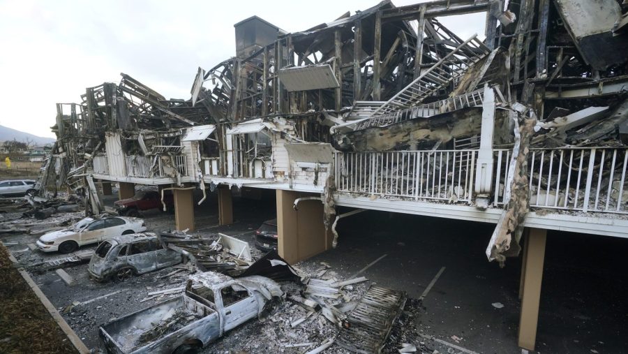 A destroyed building and cars are seen after a fire.