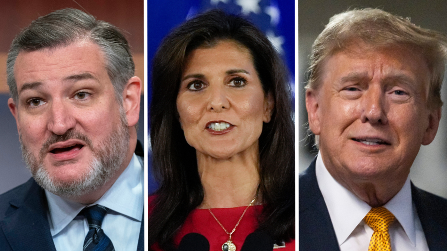 Senator Ted Cruz, Nikki Haley and former President Trump appear side-by-side in this composite image.