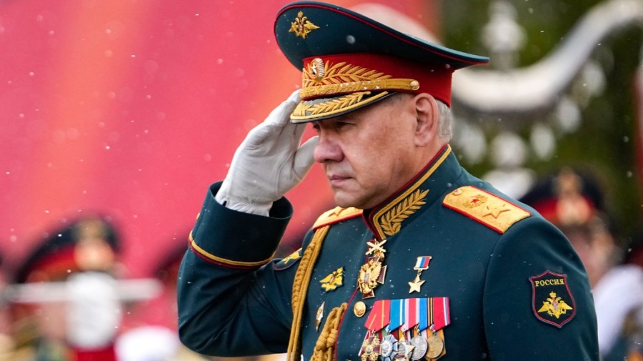 FILE - Russian Defense Minister Sergei Shoigu is driven along Red Square in an Aurus car during the Victory Day military parade in Moscow, Russia, on May 9, 2024, marking the 79th anniversary of the end of World War II.