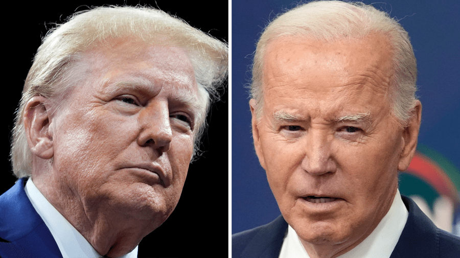 Former President Trump and President Biden appear side-by-side in this composite image.