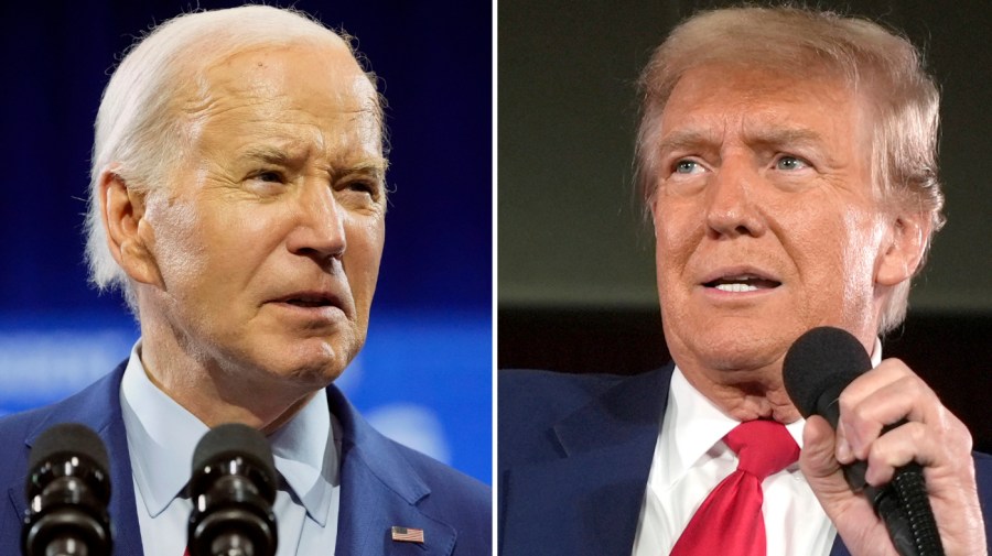 In this combination photo, President Joe Biden speaks May 2, 2024, in Wilmington, N.C., left, and Republican presidential candidate former President Donald Trump speaks at a campaign rally, May 1, 2024, in Waukesha, Wis.