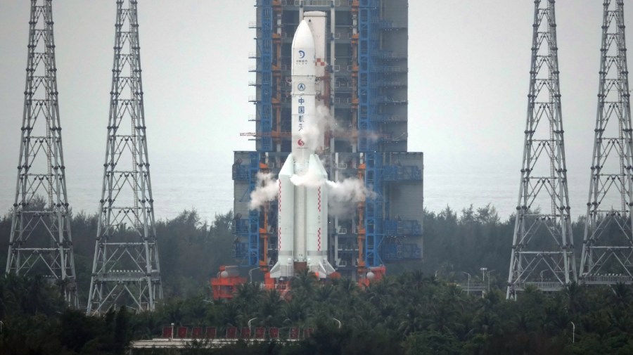 China's Chang'e-6 lunar mission rocket prepares to lift off from the Wenchang Satellite Launch Center in south China's Hainan province.