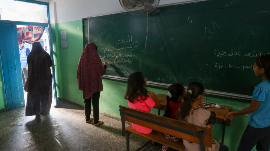 Palestinian children in a class room at a United Nations school, in the Rafah refugee camp, in the southern of Gaza Strip on October 14, 2023.