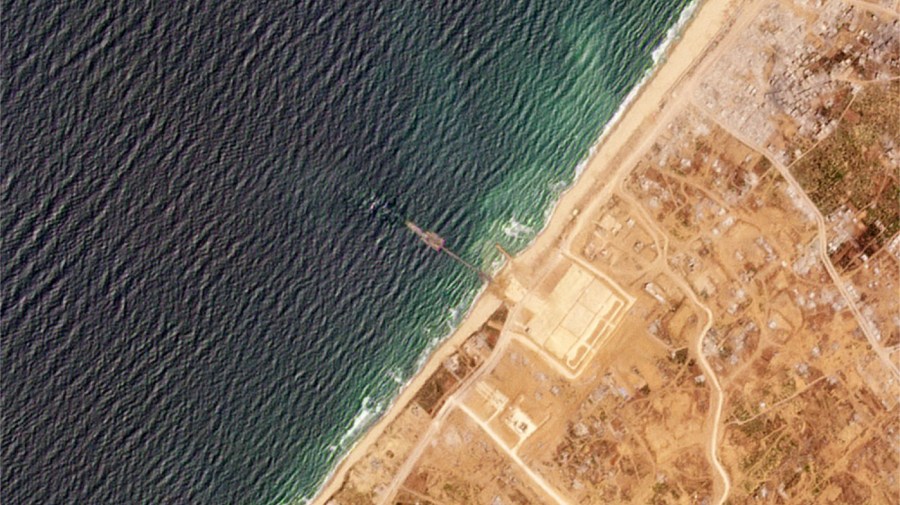 The U.S. military-installed pier off the Gaza Strip is seen from above.