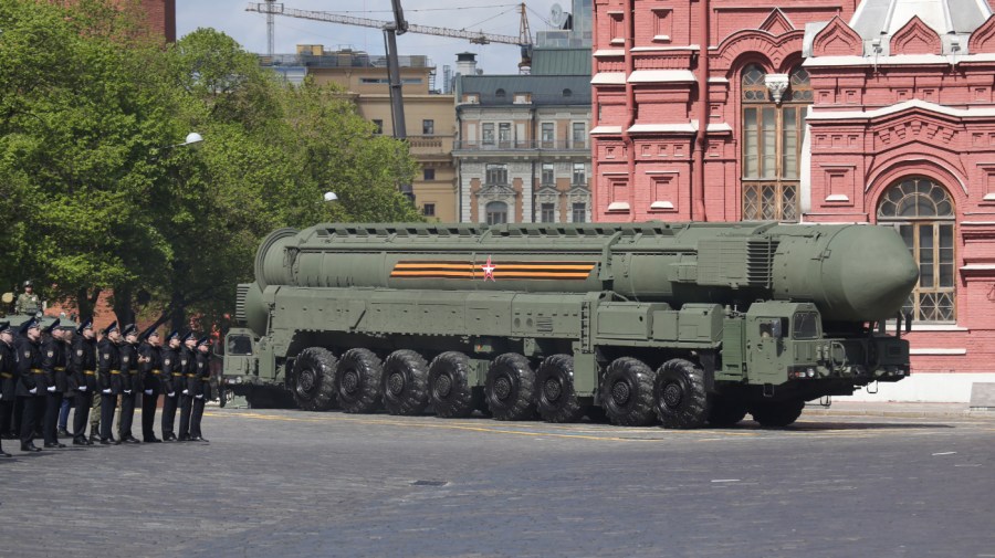 Russian RS-24 Yars nuclear missile complex (NATO reporting name: SS-29) arrives during the main rehearsals of the military parade, in the Red Square on May 5, 2024.