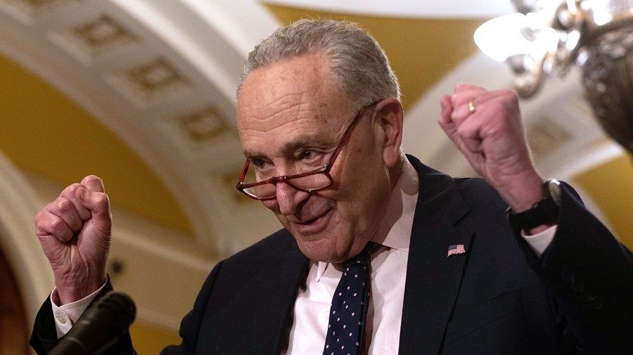 Senate Majority Leader Chuck Schumer gestures while speaking to the press.