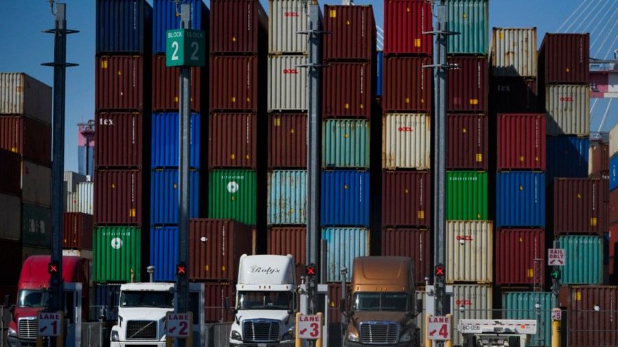 Containers are stacked at the Port of Long Beach in Long Beach in Calif., Friday, Oct. 1, 2021.