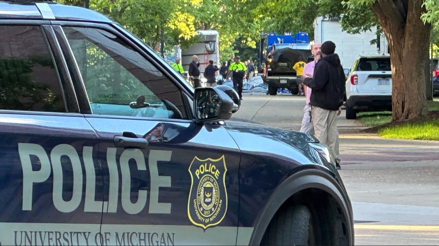 University of Michigan campus police block an area Tuesday, May 21, 2024, in Ann Arbor, Mich., where a pro-Palestinian encampment had been set up since late April. Police removed the encampment earlier Tuesday.