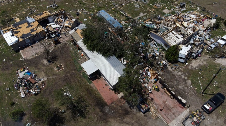 Destroyed homes are seen after a deadly tornado rolled through the previous night, Sunday, May 26, 2024, in Valley View, Texas. Powerful storms left a wide trail of destruction Sunday across Texas, Oklahoma and Arkansas after obliterating homes and destroying a truck stop where drivers took shelter during the latest deadly weather to strike the central U.S. (AP Photo/Julio Cortez)