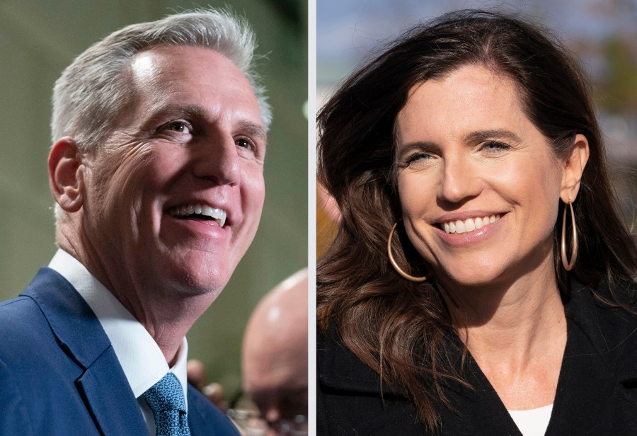 Former Speaker of the House Rep. Kevin McCarthy, R-Calif., speaks in Washington, Oct. 19, 2023, left, and Rep. Nancy Mace, R-S.C., speaks Nov. 15, 2021, on Capitol Hill in Washington. South Carolina lawmakers will go before voters on Tuesday, June 11, 2024, in state primary elections. Mace is running for reelection in the 1st Congressional District. In 2023, she voted to oust McCarthy. Mace's opponent, Catherine Templeton, has received support from McCarthy and former Speaker Newt Gingrich. Former President Donald Trump and Speaker Mike Johnson back Mace. (AP Photo)