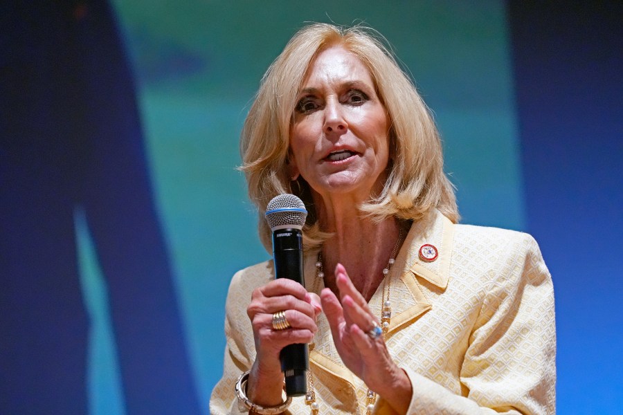 Mississippi Attorney General Lynn Fitch speaks before a crowd at a Trump for President rally in Jackson, Miss., Thursday, June 6, 2024. Fitch was named a defendant in a lawsuit filed Friday, June 7, 2024, in federal court over a new Mississippi law requiring users of websites and other digital services to register their age. The suit by the tech industry group NetChoice contends the law will unconstitutionally limit access to online speech for minors and adults. (AP Photo/Rogelio V. Solis)