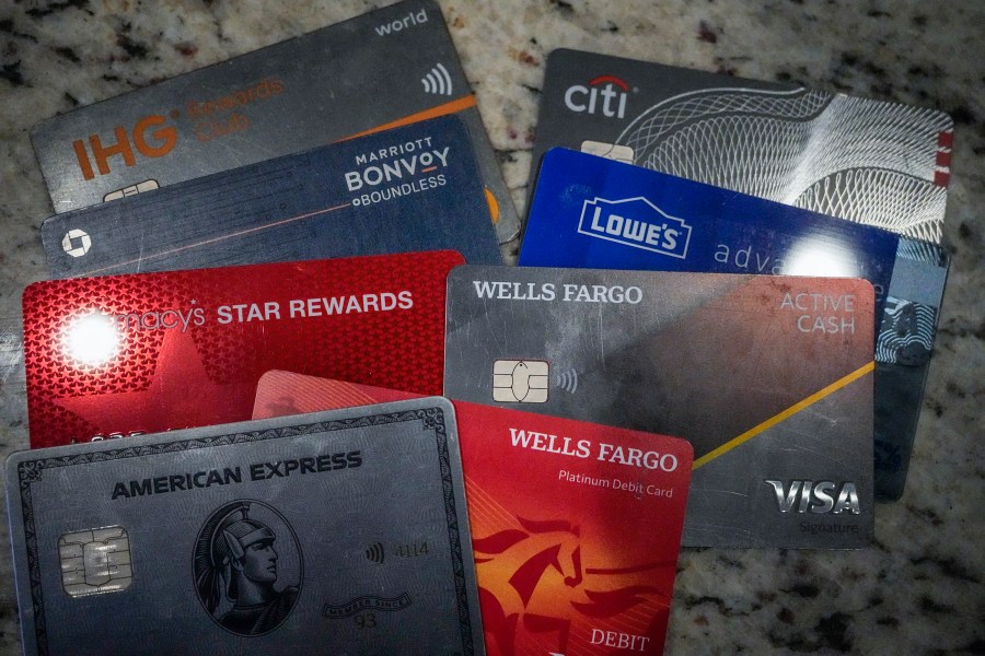 FILE - A variety of credit cards are shown on Jan. 18, 2024, in Atlanta. Seriously overdue credit card debt is at the highest level in 14 years, and people 35 and under are struggling more than other age groups to pay their bills. (AP Photo/Mike Stewart, File)