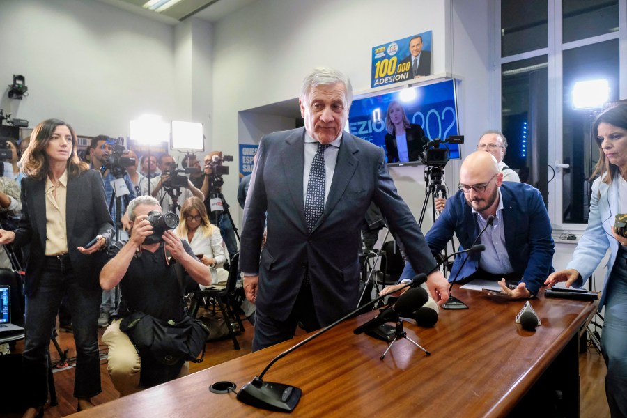 Italy's Foreign Minister and Forza Italia party leader Antonio Tajani prepares to speak about the results of the European Parliamentary elections at the electoral committee of Forza Italia in Rome, Monday, June 10, 2024. (Mauro Scrobogna/LaPresse via AP)