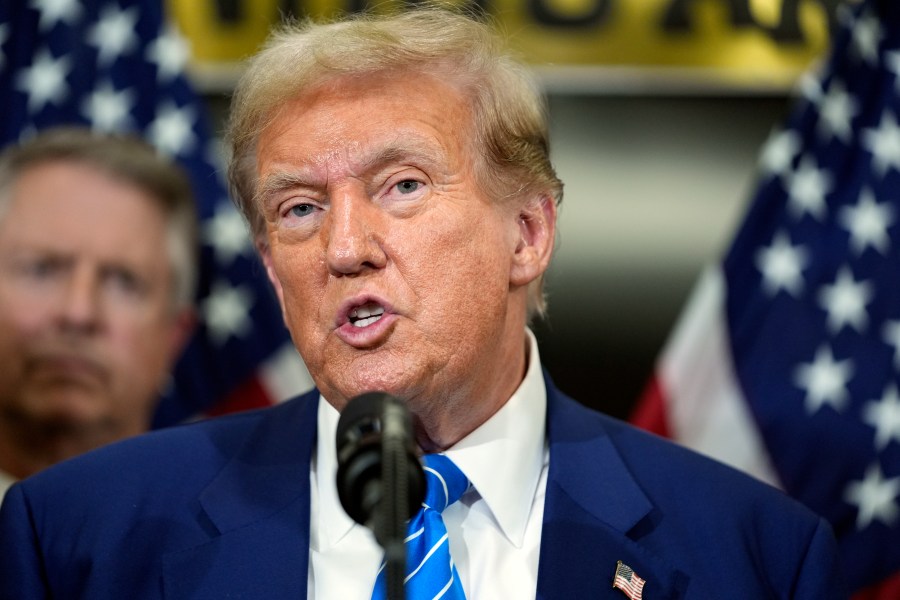 Republican presidential candidate former President Donald Trump speaks with reporters at the National Republican Senatorial Committee, Thursday, June 13, 2024, in Washington. (AP Photo/Evan Vucci)