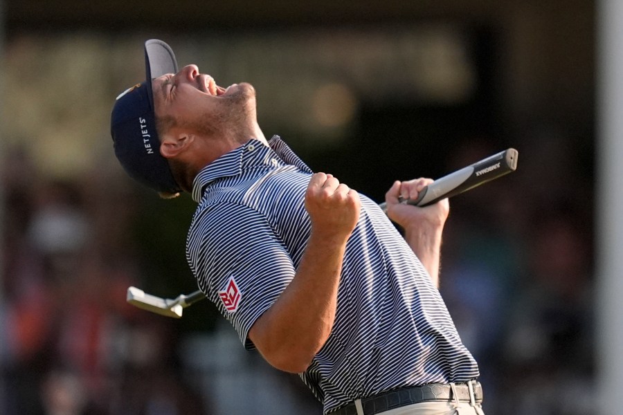 Bryson DeChambeau celebrates after winning the U.S. Open golf tournament Sunday, June 16, 2024, in Pinehurst, N.C. (AP Photo/Mike Stewart)