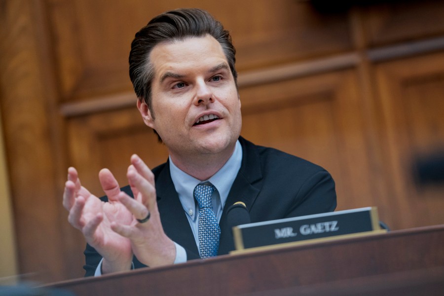 FILE - Rep. Matt Gaetz, R-Fla., speaks on Capitol Hill in Washington, Tuesday, March 12, 2024. The House Ethics Committee in an unusual public statement Tuesday confirmed it is reviewing several allegations against the congressman. The committee said it is investigating whether Gaetz engaged in sexual misconduct and illicit drug use, whether he accepted improper gifts and whether he sought to obstruct government investigations of his conduct. Four other allegations are no longer being investigated. (AP Photo/Nathan Howard, File)