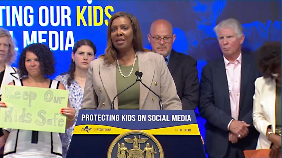 In this still image taken from video of the Office of the New York Governor, New York Attorney General Letitia James speaks during a bill signing, in New York, Thursday, June 20, 2024. New York Gov. Kathy Hochul signed a bill on Thursday that would allow parents to block their children from getting social media posts suggested by a platform's algorithm, a move to limit feeds critics argue are addictive. (Office of the New York Governor via AP)