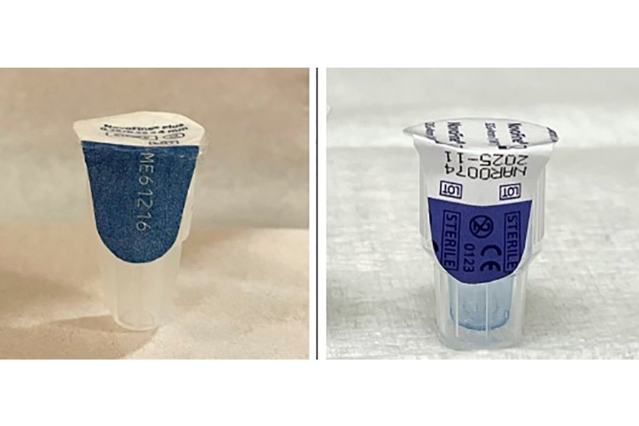 FILE - This photo combo provided by the FDA shows an authentic Ozempic needle, left and a counterfeit needle, right. The World Health Organization and drugmaker Eli Lilly and Co. are warning people to be wary of fake versions of popular weight-loss and diabetes medicines. (FDA via AP)